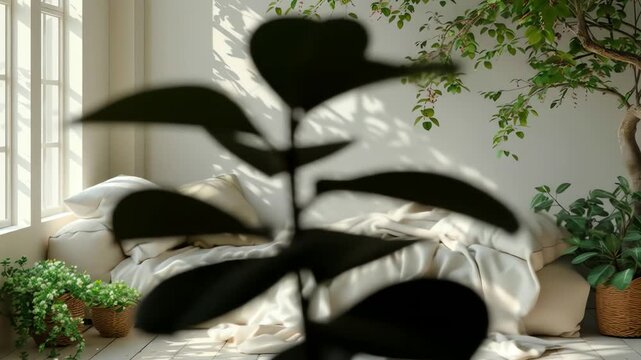 Sunlit cozy daybed with plants and shadows