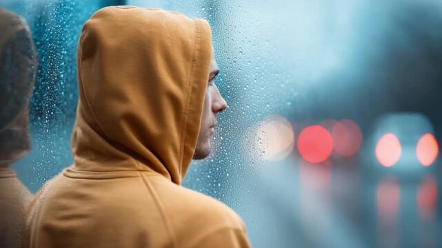 Solitary Thought: A figure in a hooded jacket gazes pensively through rain-streaked glass, an evocative portrait capturing introspective moments of self-reflection amidst the urban landscape.