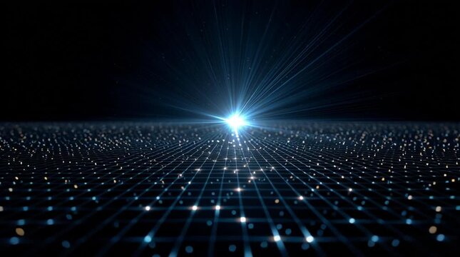 Infinite 3D grid of sparkling star-like lights stretching endlessly in all directions, as the camera glides through the lattice. A bright, intense blue anamorphic lens flare glows at the center.
