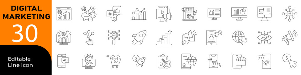 Digital marketing icons set featuring SEO, social media, content strategy, analytics, online advertising, email campaigns, branding, PPC, and digital communication design elements for business project