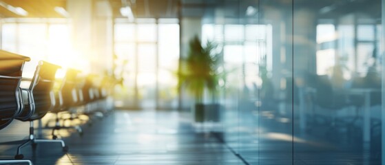 A bright, sunlit office space with panoramic glass walls, creating a sense of openness and connection with the surrounding environment.