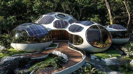 Futuristic eco home design with solar panels and geodesic domes in lush green forest setting for sustainable living