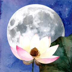 A serene lotus flower in front of a full moon