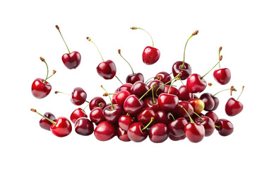 Pile of Fresh Red Cherries with Green Stems on a White Background