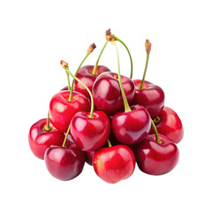 Pile of Juicy Red Cherries with Green Stems on a White Background