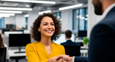 Medium shot capturing a studentathletes focused expression while shaking hands with a compliance officer