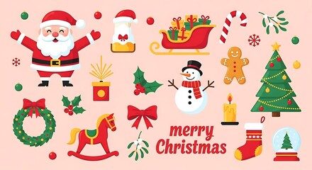 Joyful Christmas elements spread holiday cheer with Santa, snowman, tree, and gifts for festive celebrations