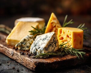 Assorted Cheeses On Rustic Wooden Board