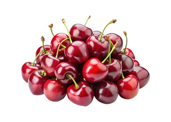A captivating pile of dark red cherries with fresh green stems abounding