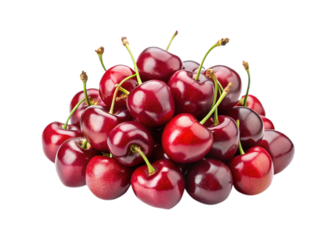 A captivating pile of dark red cherries with fresh green stems abounding