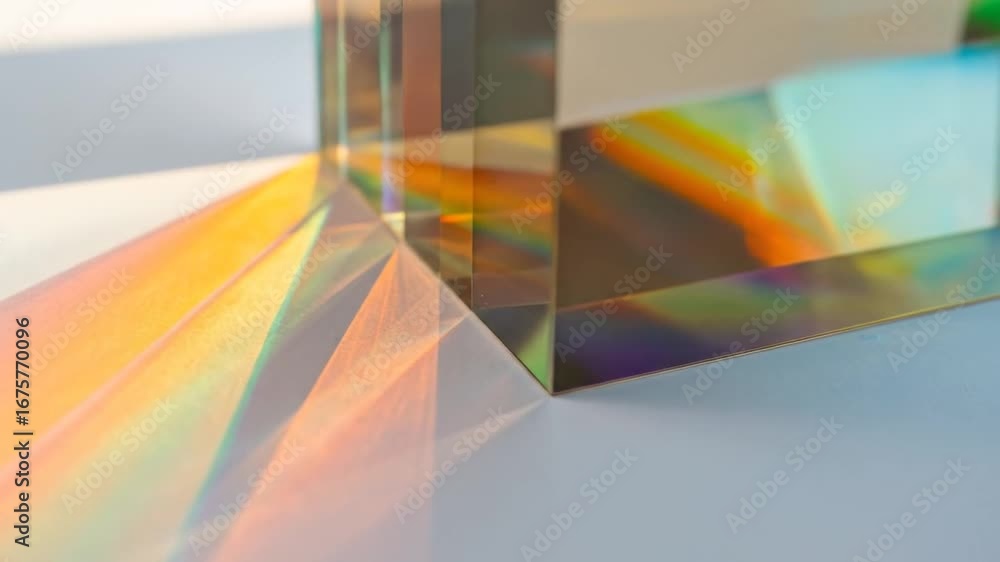 Poster optical prism refraction of sunlight into a spectrum with rainbow colors on a white surface creating