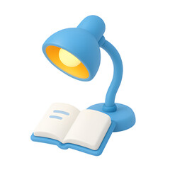 3D desk lamp illuminating open book, in blue and yellow tones, isolated PNG transparent background, symbolizing studying, reading, and focus.
