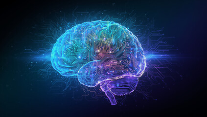 Futuristic Neon Glowing Brain – Artificial Intelligence, Neural Networks and Digital Technology Concept