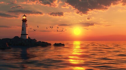Scenic lighthouse at sunset on the coast with colorful orange sky and ocean view