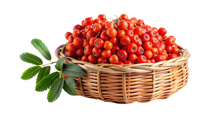 Basket overflowing with vibrant red rowan berries and green leaves against white