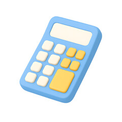 3D blue and yellow calculator with numeric keypad, isolated on transparent PNG background, symbolizing math, finance, or school tools.
