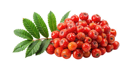 Close up shot of a cluster of red rowan berries with leaves