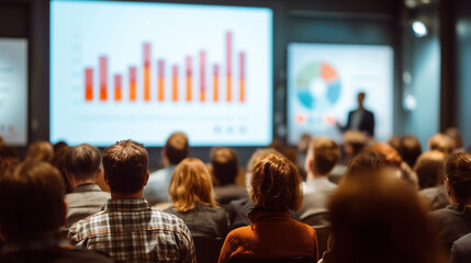 A man is standing in front of a large screen with a pie chart