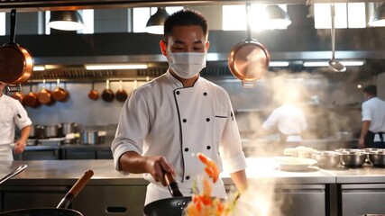 Professional Asian chef in a face mask stir-frying food with a wok in a busy, steamy restaurant kitchen. Fried Rice with shrimp add-on topping - Powered by Adobe