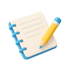 3D ring-bound notebook with pencil on top, isolated on transparent PNG background, ideal for representing education, writing, and note-taking.
