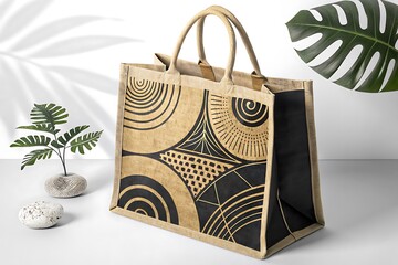 Stylish jute tote bag with abstract tribal pattern and tropical leaves