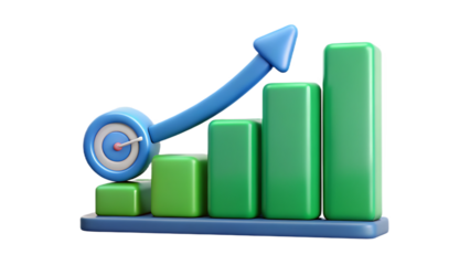 3d graph with upward arrow and target isolated on transparent background, illustrating business growth, success, and financial market trends in a cartoon style