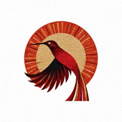Stylized hummingbird illustration with red  black plumage a gold sun and radiant lines on a white stippled background