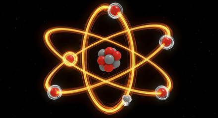 Futuristic Atom Model Illustration Depicting Electrons Orbiting Around Nucleus With Glowing Energy Trails In Realistic 3D Design