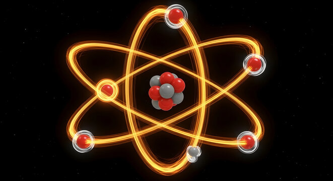 Futuristic Atom Model Illustration Depicting Electrons Orbiting Around Nucleus With Glowing Energy Trails In Realistic 3D Design