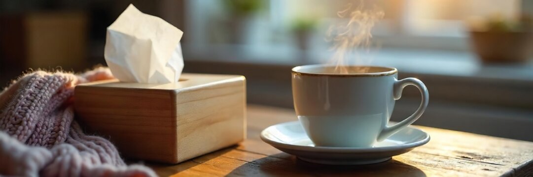 Close-up of a steaming mug beside a tissue box on a wooden table, with a knitted scarf draped over the edge  Perfect for illustrating winter illnesses and home remedies ,  chest pain,  tea, cough