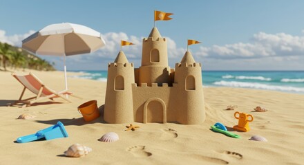 Naklejka premium Magnificent Sandcastle Masterpiece on a Sunny Tropical Beach with Ocean Waves and Palm Trees
