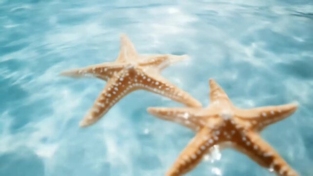 Two orange starfish float in clear blue water with light patterns