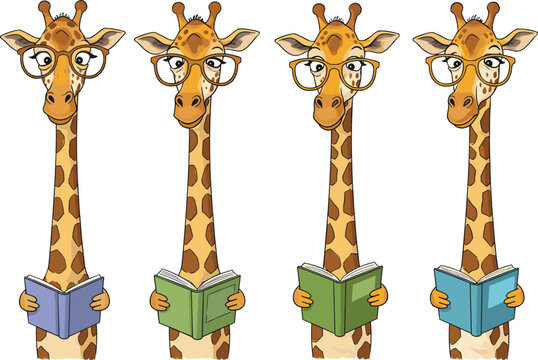 Smart giraffes wearing glasses reading books, funny cartoon animals, educational theme, learning, intelligence, animal characters, cute wildlife illustration, reading time