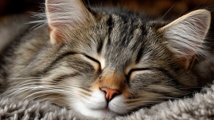 A close-up of a sleeping cat with closed eyes and a soft fur texture, conveying tranquility and comfort.