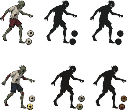 Cartoon zombie playing soccer with ball, spooky sports illustration, undead character in action, funny horror artwork for Halloween theme