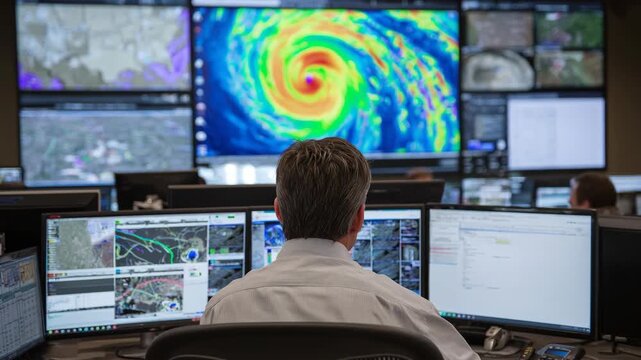 Man monitors weather data on multiple screens, tracking a large hurricane. The scene depicts a control room environment with numerous displays.