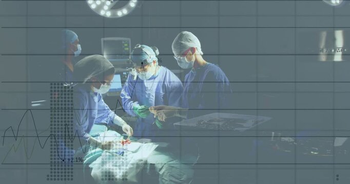 Animation of statistical data processing over team of surgeons performing surgery at hospital - Powered by Adobe