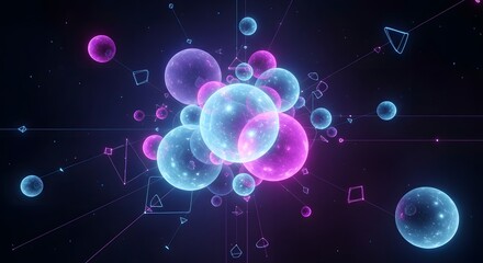 Obraz premium Abstract Glowing Spheres and Geometric Shapes Digital Art