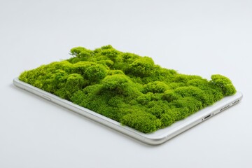 Moss covers a phone obscuring the screen A clean white background highlights the contrast