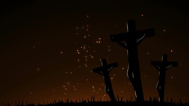 Animation of red light sparks floating over jesus christ on the cross against black background