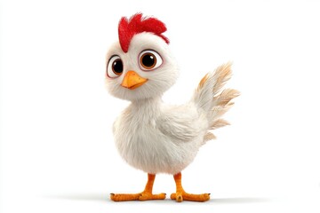 Obraz premium A cartoon chicken with white feathers red comb and orange beak stands on a white surface