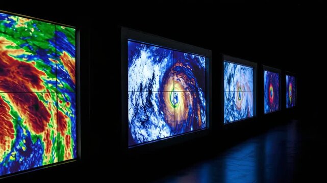 Displays of hurricane imagery show a spiral vortex in blue, green, orange, and red hues, against a black background. Monitors diminish in size to right.