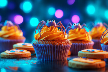 Colorful spider cupcakes and Halloween-themed cookies adorn a glass platter. The setting is festive, illuminated by autumn lights, perfect for seasonal celebrations and gatherings