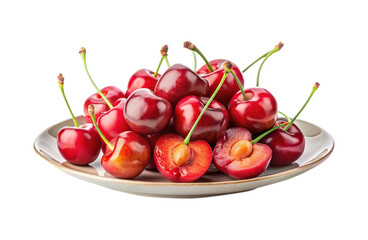 Luscious pile of ripe cherries with cut halves revealing the pits inside