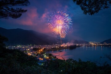 Fireworks burst over a city and lake at night reflected in the water framed by trees