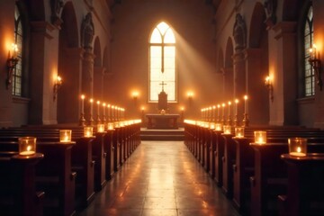 Fototapeta premium Serene ambiance of a church interior softly lit by numerous candles, creating a peaceful and spiritual atmosphere Perfect for themes of faith, hope, meditation, and tranquility , chapel, candlelight