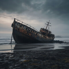 A weathered shipwreck resting on a moody, gray beach.