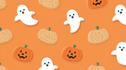 Colorful Halloween-themed illustration featuring playful ghosts and pumpkins on a vibrant orange background, perfect for festive decorations and seasonal designs