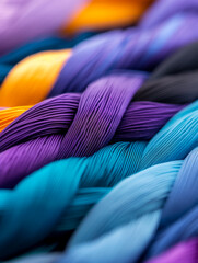 Vibrant, colorful yarn strands intricately woven together, showcasing a beautiful blend of textures and hues.