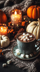 A warm cup of hot chocolate, topped with fluffy marshmallows, sits on a soft blanket surrounded by vibrant autumn pumpkins and Halloween decorations, embodying fall's cozy spirit